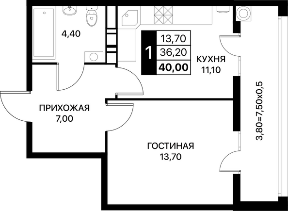 Планировка 1-комн 40, 40,4 м²
