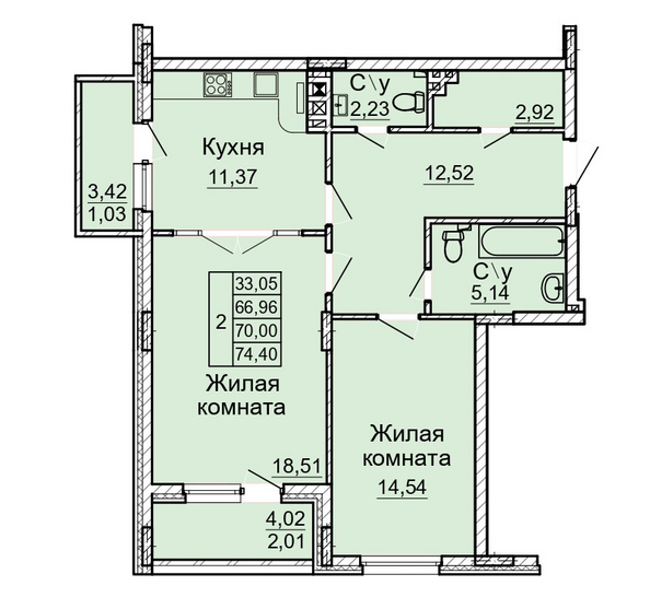 Планировка 2-комн 70 м²