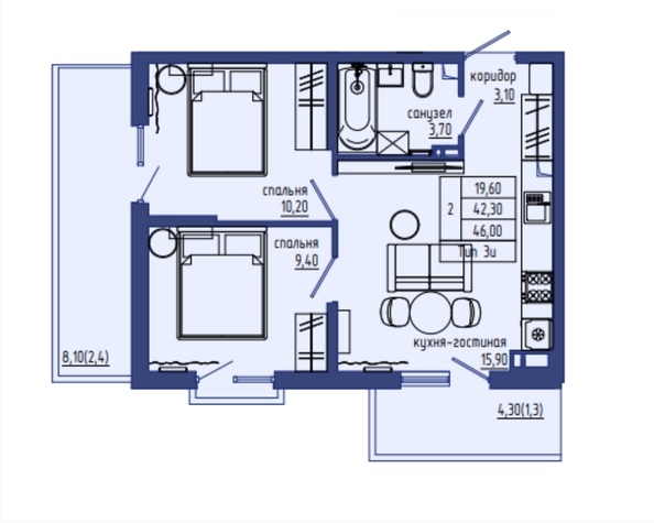 Планировка 3-комн 43,5 м²