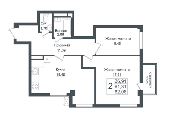 Планировка 2-комн 62,08 м²