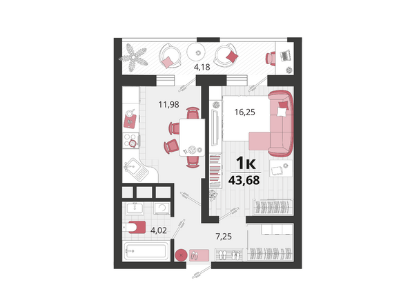 Планировка 1-комн 43,68 м²