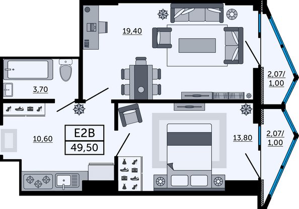 Планировка 2-комн 49,46 м²