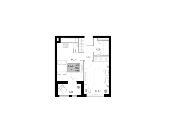 Планировка 1-комн 38,68 м²