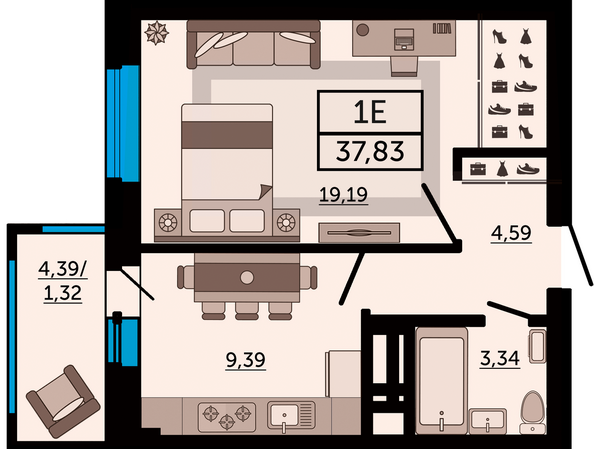 Планировка 1-комн 37,83 м²