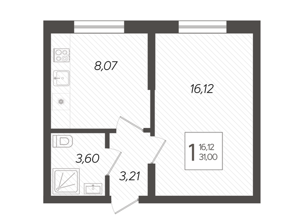 Планировка 1-комн 31 м²