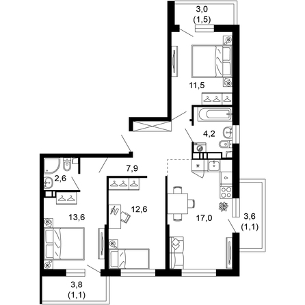 Планировка 3-комн 73,1 м²
