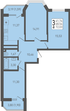 Планировка 3-комн 72,03 м²