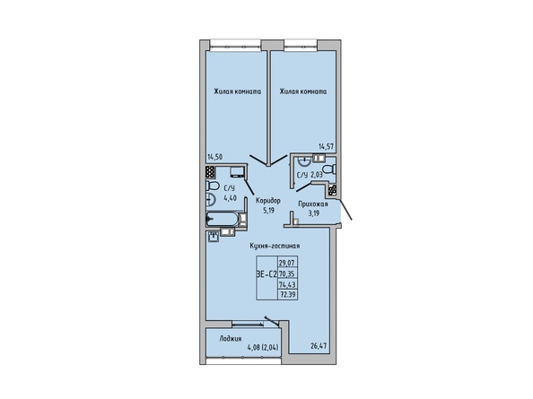 Планировка 3-комн 71,09 - 72,39 м²