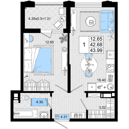 Планировка 1-комн 43,99 м²
