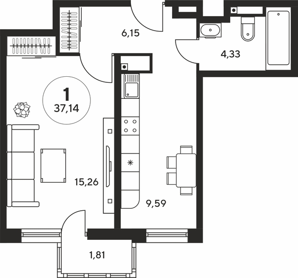 Планировка 1-комн 37 - 37,37 м²