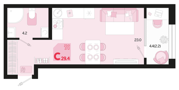 Планировка 1-комн 29,4 м²