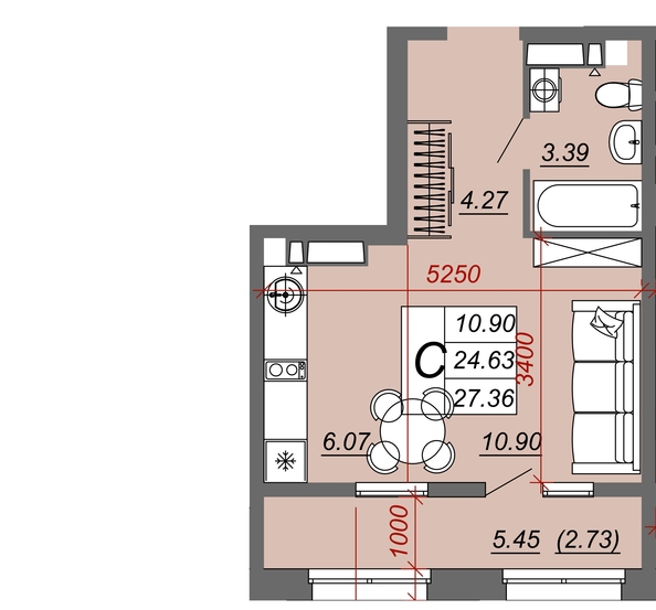 Планировка Студия 27,25 - 27,75 м²