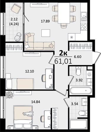 Планировка 2-комн 61,01 м²