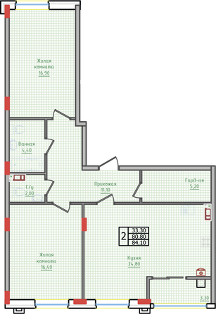 Планировка 2-комн 84,1 м²