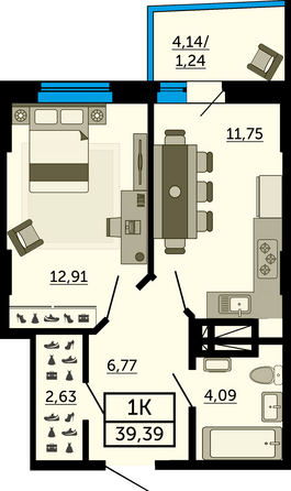 Планировка 1-комн 39,01 м²