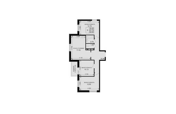 Планировка 3-комн 69,6, 69,89 м²