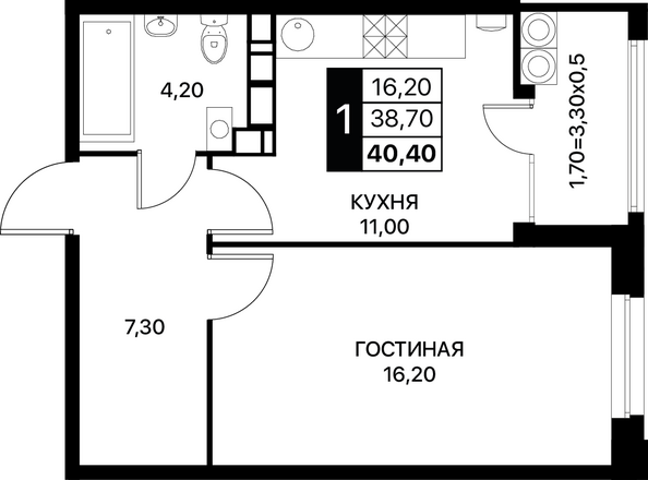 Планировка 1-комн 40,4 - 41,1 м²