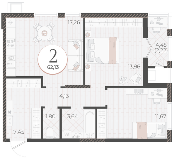 Планировка 2-комн 62,13 м²