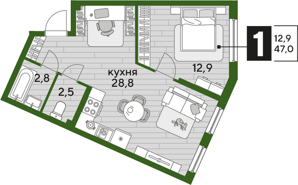 Планировка 1-комн 47 м²