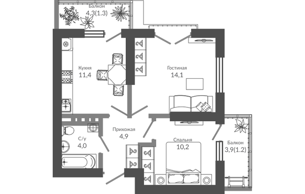 Планировка 2-комн 47,1 м²