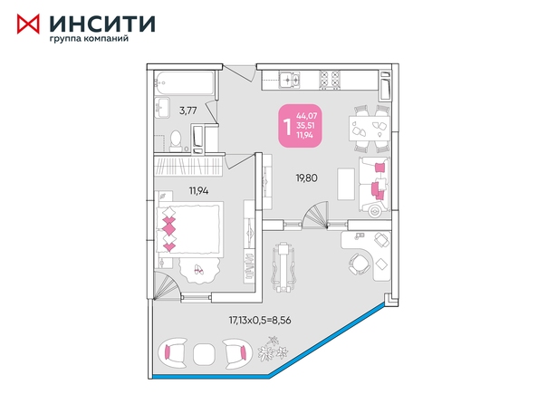 Планировка 1-комн 44,07 м²