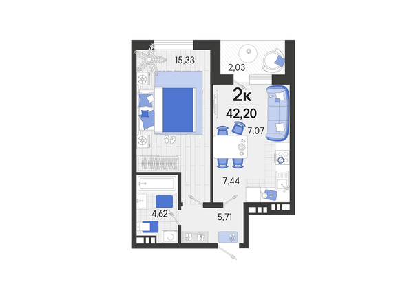 Планировка 2-комн 42,2 м²
