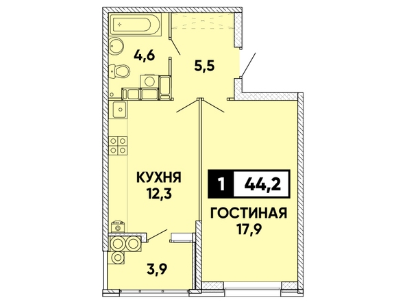 Планировка 1-комн 44,2 м²