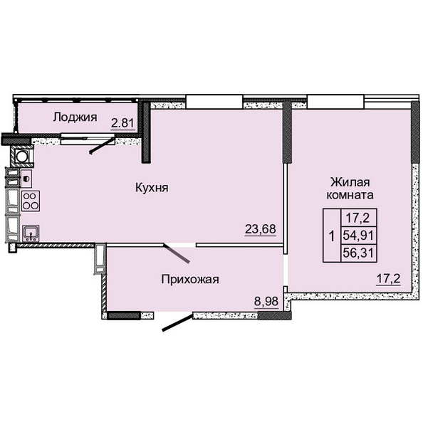 Планировка 1-комн 56,31 м²