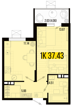 Планировка 1-комн 37,41 - 38,03 м²