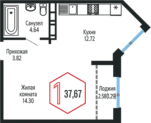 Планировка 1-комн 37,67 м²