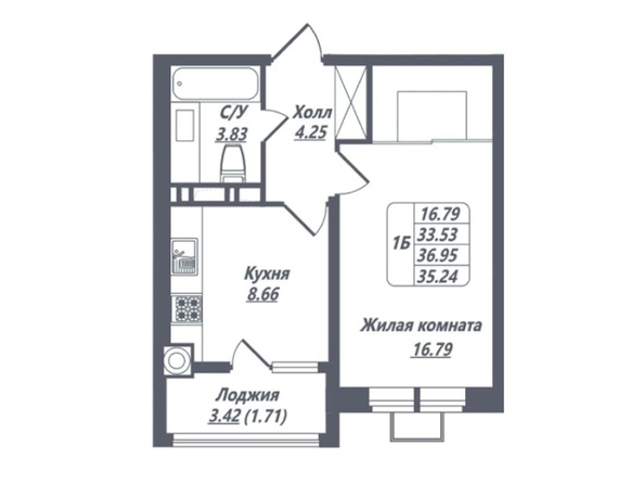 Планировка 1-комн 35,24 м²