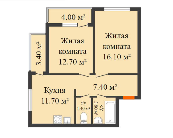 Планировка 2-комн 56,8 м²
