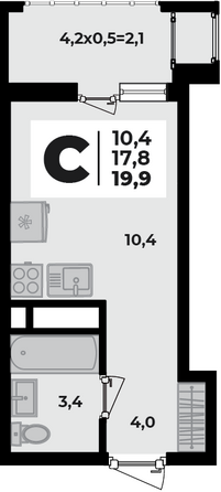 Планировка 1-комн 19,9 м²