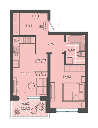 Планировка 1-комн 43,59 м²