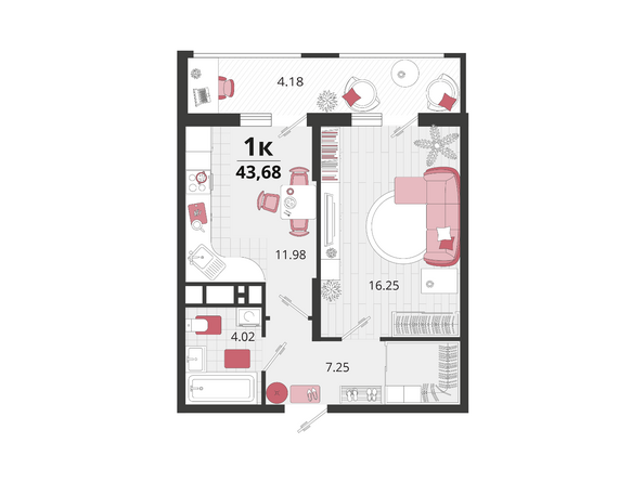 Планировка 1-комн 43,86 м²