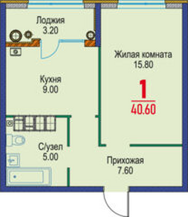 Планировка 1-комн 40,6 м²
