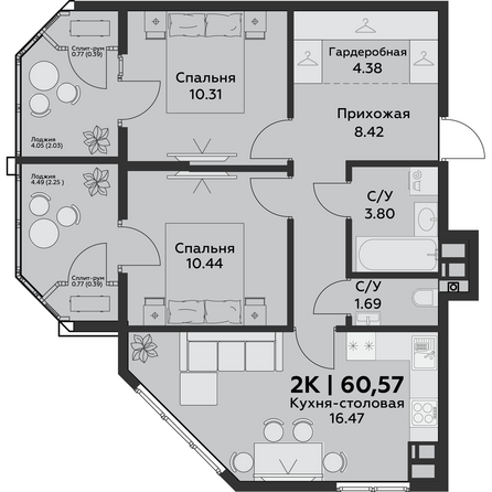 Планировка 2-комн 60,57 м²