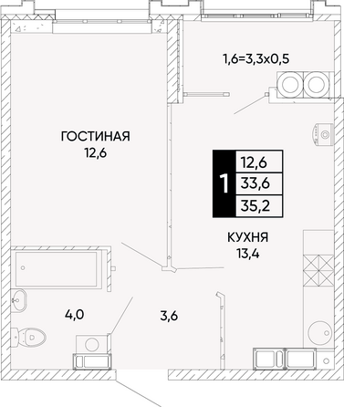 Планировка 1-комн 35,2 - 36,3 м²