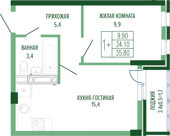 Планировка 1-комн 35,8 м²