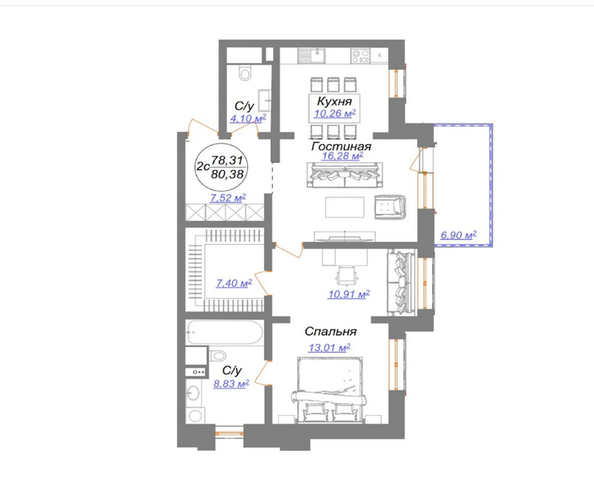 Планировка 2-комн 80,38 м²