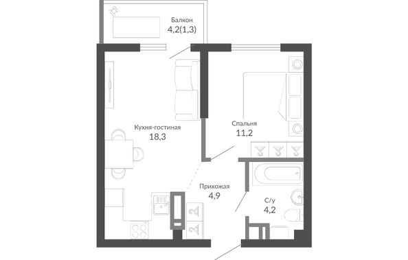 Планировка 1-комн 39,3 м²