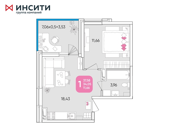 Планировка 1-комн 37,58 м²