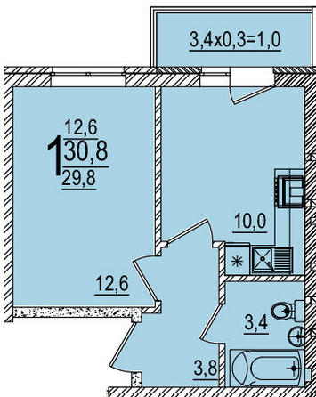 Планировка 1-комн 30,8 м²