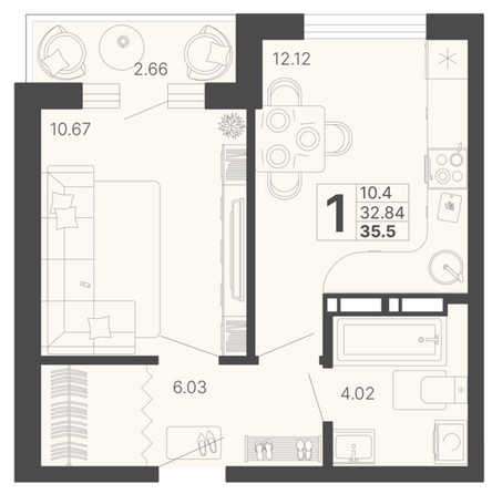 Планировка 1-комн 34,17 м²