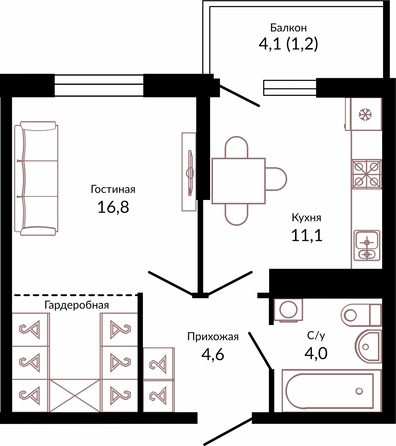 Планировка 1-комн 37,7 м²