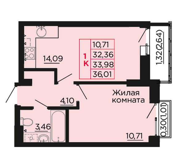 Планировка 1-комн 33,98 м²