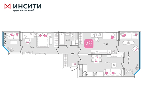 Планировка 2-комн 69,25 м²