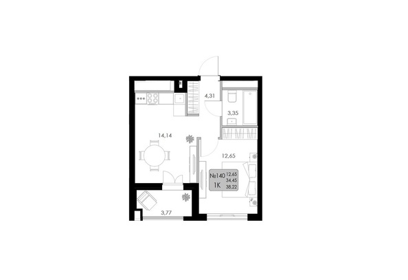 Планировка 1-комн 37,63 - 38,22 м²