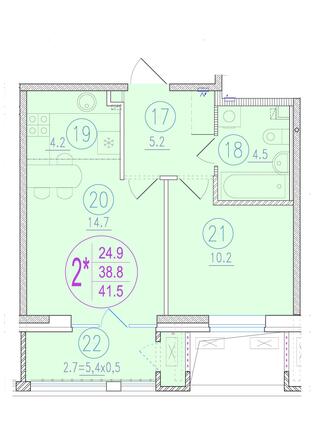 Планировка 2-комн 41,5 м²