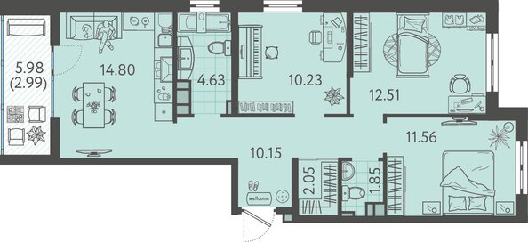 Планировка 3-комн 70,77 м²